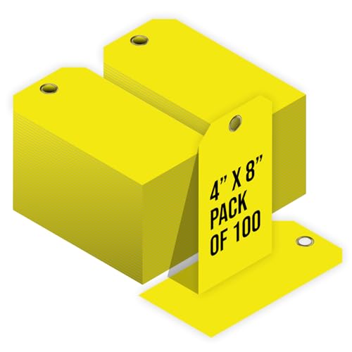 Tags 4 Less 15 Mil Waterproof Plastic Tags, Pack of 100 – 4” x 8” Heavy Duty Plastic Tags for Labeling, Outdoor Tagging, Equipment Labeling, Luggage, Valves & More (Yellow)
