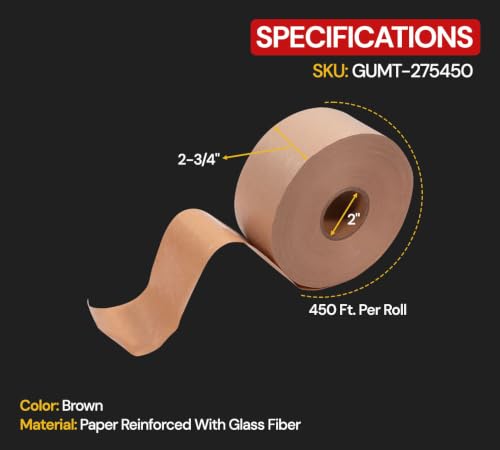 Mytee Products 16 Rolls 2.75"x450' Water Activated Tape - Reinforced Gummed Tape for Package - Strong Adhesive & Holding Power Kraft Paper Tape - Brown Packing Tape for Sealing Box (7200 feet Total)