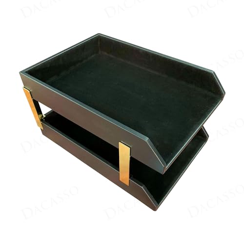 DACASSO Classic Black Leather Double Legal Letter Tray Stacking Set w/Gold Posts - Luxury Executive Decor and Office Essential - Desk Surface Protector