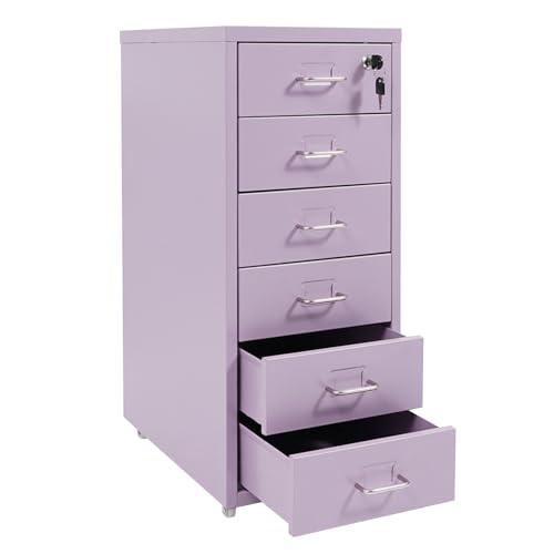 6‑Drawer Lockable Vertical Metal File Cabinet Wheeled Organizer, Purple