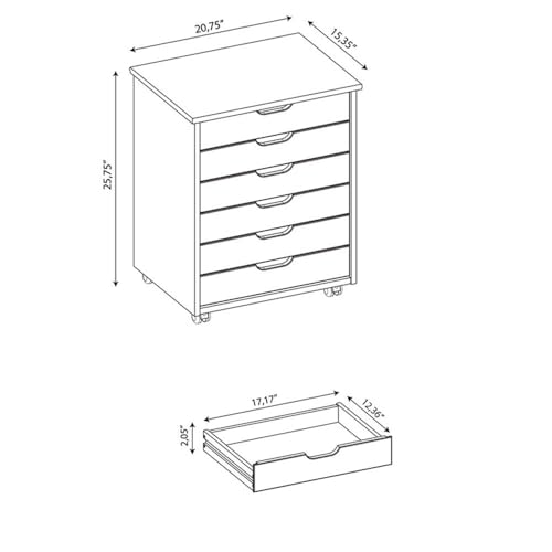 Riverbay Furniture Six Drawer Wood Rolling Cart, 20.75" w x 15.13" d x 25.5" h, White Wash Finish, Wide Drawers, Contoured Handles, Mobile Storage for Office, Kitchen, Bedroom