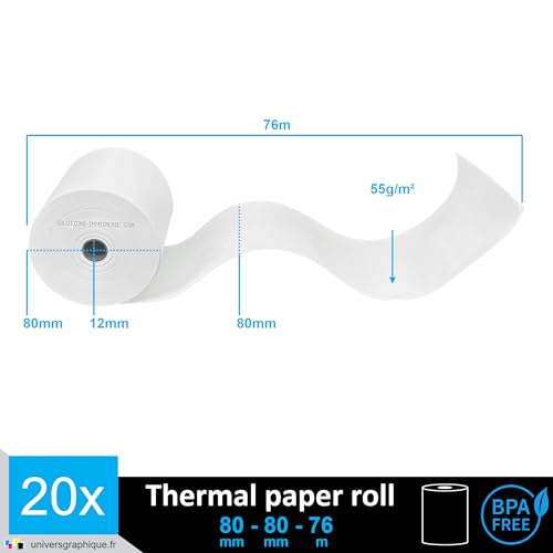 Refill of 20 Rolls Thermal Paper for Cash Register Standard Cash Register Roll 80 x 80 Mandrel 12 mm Thermal Paper 50 g for Cash Register Printer Thermal Balance