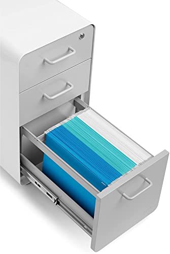 Poppin Slim Stow 3-Drawer File Cabinet - White + Light Gray. 2 Utility Drawers and 1 Vertical Hanging File Drawer. Fully Painted Inside and Out. Powder-Coated Steel. Two Keys Included