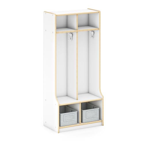 Guidecraft EdQ 2-Section Wooden Storage Locker with Bench Seat for Classroom, Kids White Cubby Organizer with Shelves and Hooks for Coats, Divided Playroom Storage with Bins