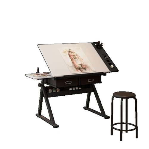Daklpiw Height Adjustable Drafting Table Drawing Table Artist Desk Tilting Tabletop Art Craft Desk Watercolor Paintings Sketching Work Station w/2 Storage Drawers and Stool for Home Office (White)