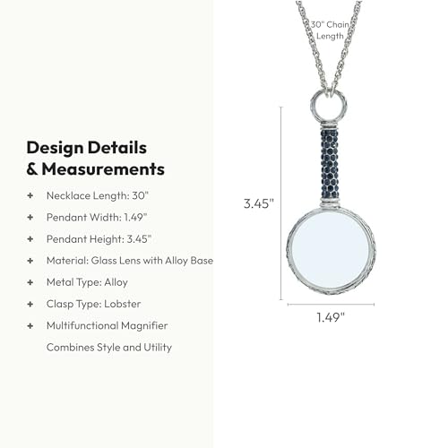1928 Jewelry Montana Blue Pave Crystal Magnifying Glass Necklace For Women Pendant Enhancer, 30 Inch - Magnification Power: 2-3X, Multifunctional Magnifier Perfect For Reading Books, Made In USA