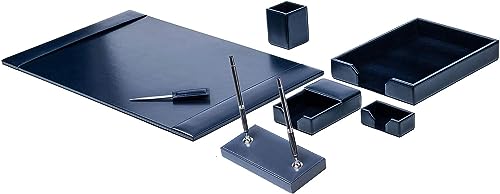 Dacasso Bonded Set Luxury Leather Desk Pad & Desk Organization Essentials, 8 Piece, Navy Blue
