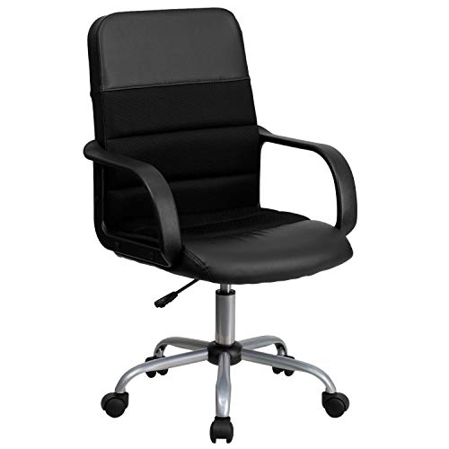 Flash Furniture Manor Mid-Back Swivel LeatherSoft Desk Chair with Headrest and Padded Arms, Adjustable Height Padded Ergonomic Office Chair, Black