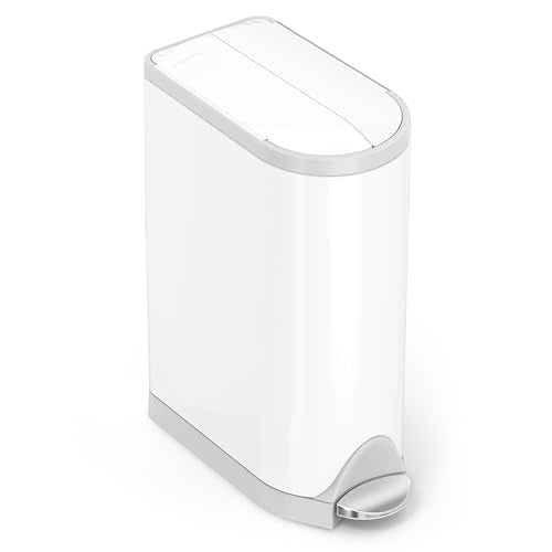 simplehuman Butterfly Step Can, 18L / 4.8 Gallon Trash Can with Upgraded Odor Control for Bedrooms, Bathrooms, Nurseries, 150,000-Step Pedal, Lid Shox® Silent Close, White Steel