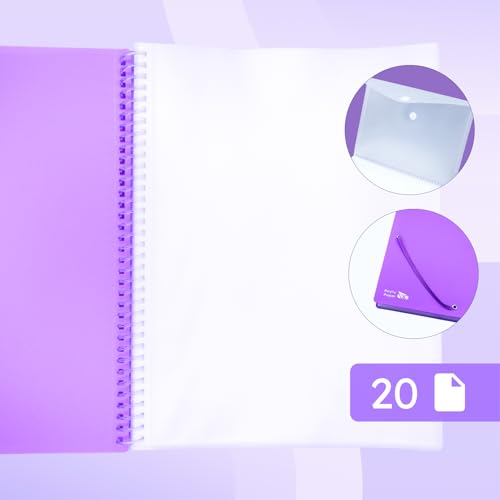 Raylu Paper® Binder with Ring Binder with Transparent A4 90 Micron Sleeves and Envelope with Velcro Closure, Customisable Cover. 100% Biodegradable Binder (20 Pockets, Violet)