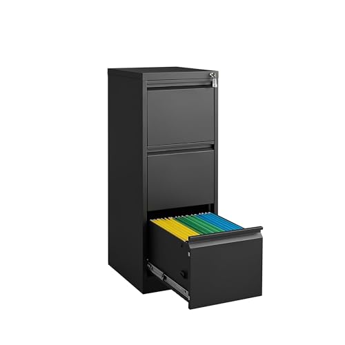 LALFPET Secure Vertical File Cabinet – 3 Drawer Black Metal Filing Cabinet with Lock, Durable Steel Construction, Space-Saving Under Desk Office Storage Organizer for Letter, A4, Legal Files