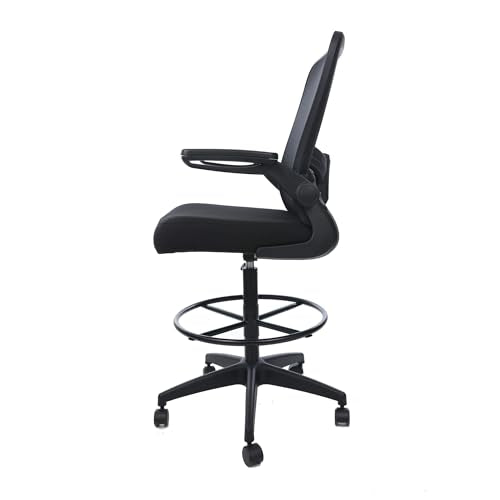Benzara DEA Drafting Stool Chair, Flip-Up Arms, Black Mesh, Chrome Footring