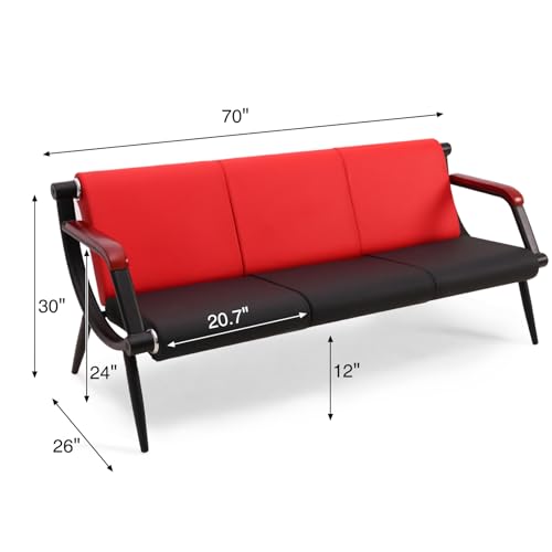 wonline Waiting Room Bench, Office Furniture Reception Chairs with Arms, Leather Chairs is Suitable for Clinic,Airport,Hospital,Barber,Salon,Bank-(Red&Black,3 Seat)