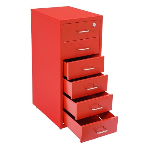 Ageanbri 6 Drawers File Cabinet with Lock Rolling Mobile Filing Cabinet with Wheels Under Desk Vertical Filing Cabinet for Office/Home Metal (Red)