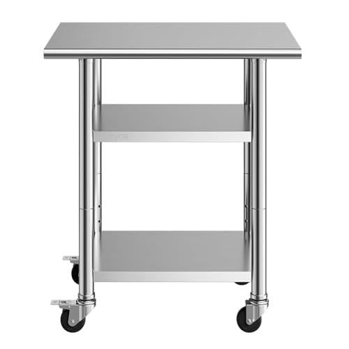 VEVOR Stainless Steel Work Table, 24x30 Inch Food Prep Table with 2 Shelves and Wheels, Commercial Kitchen Workstation, Metal Heavy Duty Utility Worktable, for Restaurant Home Hotel Garage Outdoor