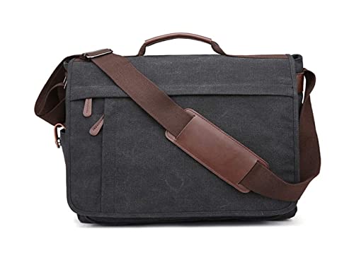 XIADENGLAN Vintage Water Resistant Waxed Canvas Satchel Laptop Briefcase Shoulder Bag with Padded Crossbody(Black,13.3inch)