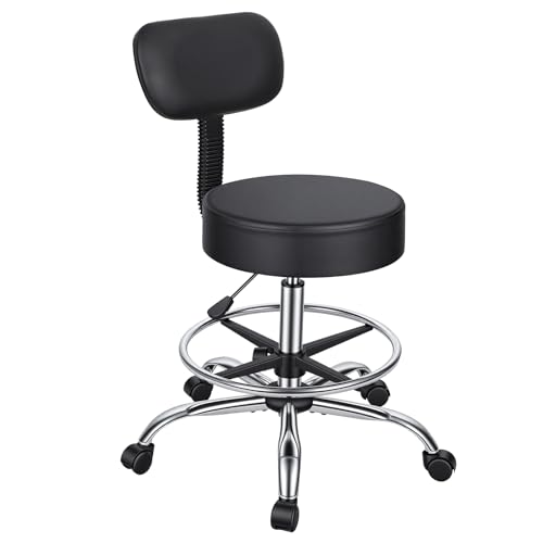 Drafting Stool with Backrest, Height Adjustable Office Desk Chair, Faux Leather Swivel Round Rolling Stool with Adjustable Foot Rest for Office Spa Studio Lab Counter Salon Home Work Bar Kitchen Sho