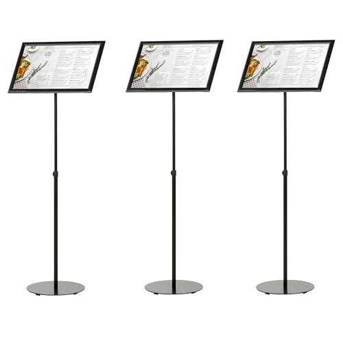 M&T Displays Pedestal Adjustable Telescoping Menuboard 1" Black Aluminum Profile Snap Poster Frame 8.5x11 inch Single Sided Document Brochure Sign Holder Front Loading Portrait Landscape-(3 Pack)