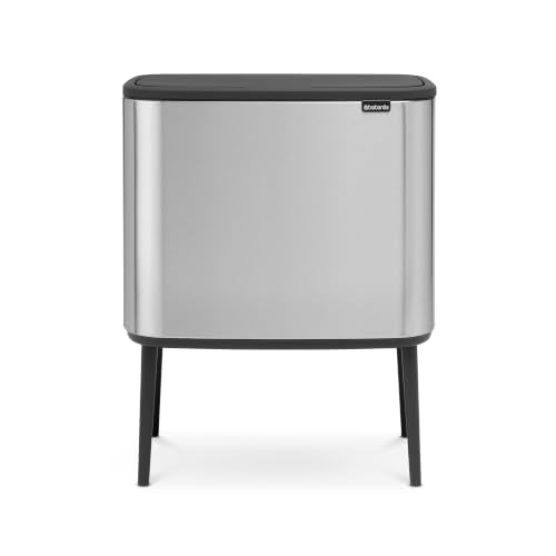 Brabantia Bo Touch Top Kitchen Trash Can with Three Compartments & Raised Legs | Matt Steel FPP | 3 x 3 Gal Inner Buckets | Soft-Close Garbage Can, Stay-Open Lid | Fits Against Wall | + Trash Bags