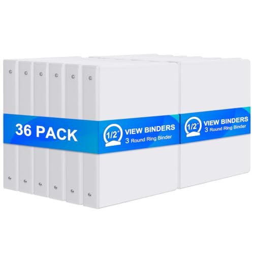 ViVin 1/2 Inch Binders 3 Ring, Sturdy Half Inch Binders, 36 Pack, White