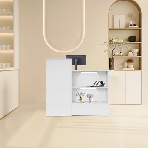 Pazcii Modern Reception Desk 47.2in, Floorstanding Counter w/Lockable Drawer & Open Shelves, MDF Metal Cabinet Workspace for Office, Store, Restaurant, Salon Ct (Warm White Right High)