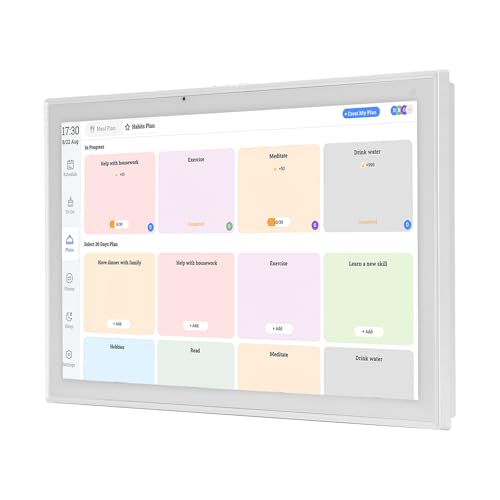 21.5Inch Electronic Chore Chart with Interactive Touchscreen Display Wall Mounted Household Schedule Wall & Desk Mountable Desk Mount Sync Online Calendar for Family Meal Planners Support