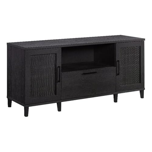 Pemberly Row Contemporary Engineered Wood Large Credenza, Raven Oak Finish, 29.76" H x 65.98" W x 20" D, File Drawer, Adjustable Shelves, Rattan Doors, Open Shelf, Cord Management, Home Office
