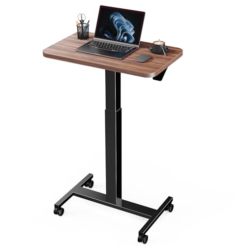 Marsail Mobile Standing Desk, Wider Height Adjustable Computer Desk, Rolling Sit Stand Desk with 4 Lockable Wheels, Desk for Home Office and Classroom, Walnut