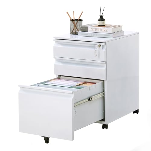 FinerFurnis 3 Drawer Mobile Filing Cabinet with Lock & Anti-Tip Wheels - Under Desk Metal File Cabinet on Wheels - Secure Storage for A4/Letter/Legal Folders - Home or Office Organization