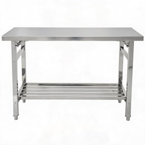 48*24 Inch Stainless Steel Prep & Work Table - NSF Certified Commercial Heavy Duty Folding Kitchen Table with Adjustable Slotted Undershelf, Portable Utility Work Bench for Restaurant, Dining & Home