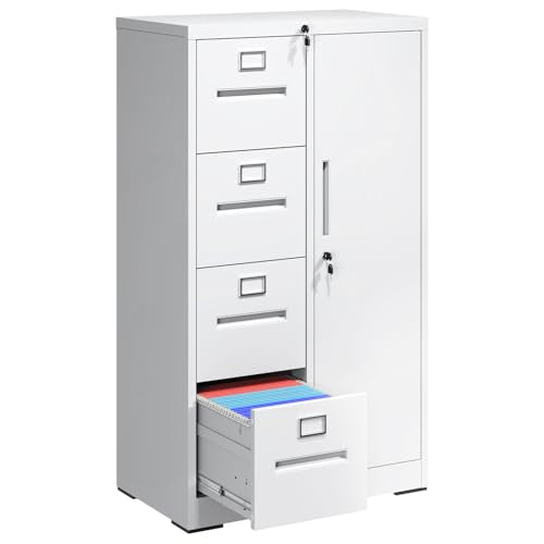 VIYET File Cabinet 4 Drawer, Vertical File Cabinet with Lock and 1 Door, File Cabinet with Storage Shelves for A4 Legal/Letter, Assembly Required (White)