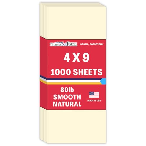 1000 Natural Smooth Card Stock Sheets Paper - 4" X 9" (4X9 Inches) #10 Envelope Insert Size - 80# (80 lb/pound) Cover Weight - Quality Paper - Smooth Finish