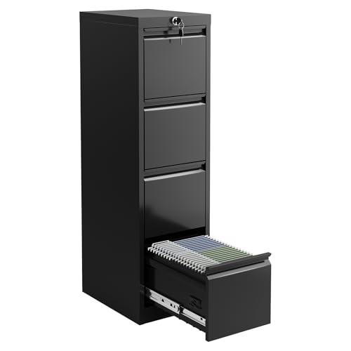 Takywep Heavy Duty 4 Drawer Metal File Cabinet with Lock, Secure Vertical Filing Cabinet for Letter, Legal, A4, F4 Documents, Office Storage Organizer for Home or Workplace,Black