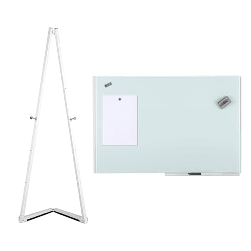 M&T Displays Floor Standing 59 Inch White Steel Art Easel Bundle with 24x35 Inch Magnetic Tempered Glass Dry Erase Board, 5 Adjustable Heights, Includes Marker and 4 Magnetic Pins