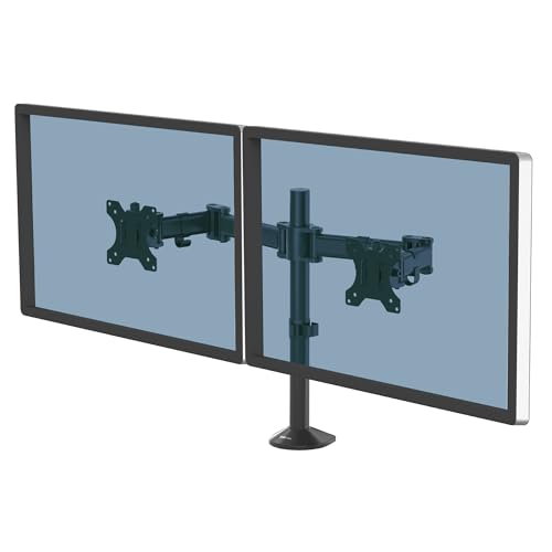 Fellowes Reflex Series Adjustable Monitor Arm for Desk, Supports 27-Inch Monitors, Ergonomic Dual Monitor Stand with VESA Mount, Easy Setup with Grommet or Clamp, 8502601-Black