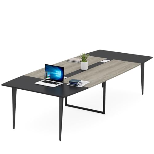 Tribesigns 8FT Conference Table, 94.48L x 47.21W x 29.52H Inches Boat Shaped Meeting Table with Rectangle Grommet, Modern Seminar Boardroom Table for Office Conference Room (Grey & Black, 8ft)