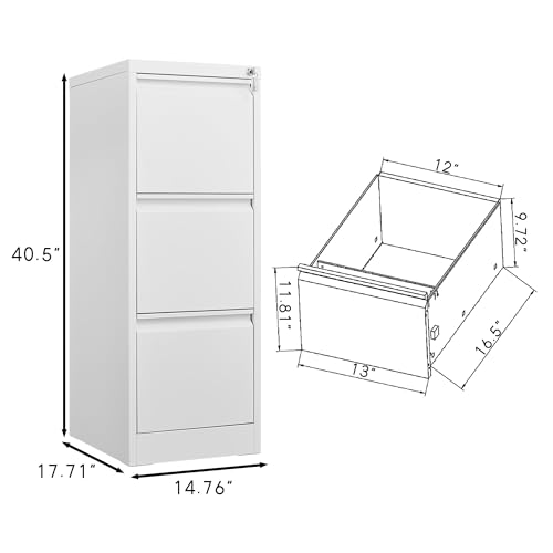 FinerFurnis 3 Drawer Filing Cabinet Metal Vertical Filing Cabinet with Lock for Home Office Heavy Duty File Storage Cabinet Compatible with Letter Legal A4 F4 Size Files