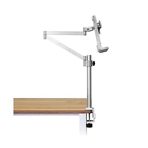 Buhelyc Book Stand with Clamp, Tablet Stand Holder, Adjustable Height, with Page Clips for Reading Hands Free, Sturdy, Rotatable, Table Side Design, Suitable for Book, Tablet, Phone