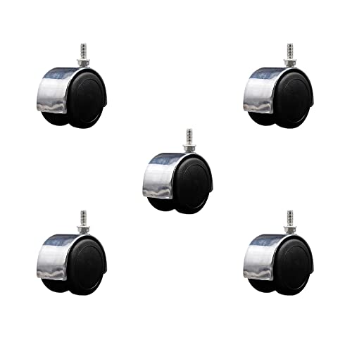 2 Inch Floor Safe Office Chair Wheels – Bright Chrome Metal Hooded Twin Wheel – 1/4" - 20 TPI x 5/8" Threaded Stems – 375 lbs. Total Capacity – Set of 5 – Service Caster Brand