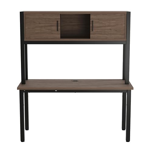 NBF 60” Credenza Desk with Hutch - Industrial Office Desk with 1.125” Thick Laminate Top, Steel Grommet Cable Management - Cortez Concealed Storage Hutch, 24" D x 60" W x 68" H, Gray