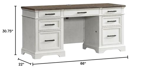 Pemberly Row Home Office Credenza, 66 in Wood, Rustic White and French Oak Finish, Knotty Oak Veneer, 4 Utility Drawers, Locking File Storage, Transitional Style for Home Office
