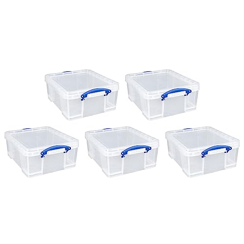 Really Useful Box 5 Pack 17L Plastic Storage Bins with Snap Lids and Clip Lock, Clear