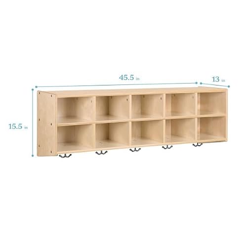 ECR4Kids Streamline 10-Section Wall-Mounted Hanging Cubby Coat Locker, Classroom Furniture, Natural
