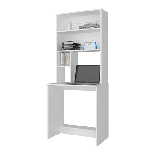 DEPOT E-SHOP 30" Motley Computer Hutch Desk, Lower Shelf, Four Shelves, White -Office – Computer Desk with Integrated Storage for Home Office, Study Room & Compact Workspaces