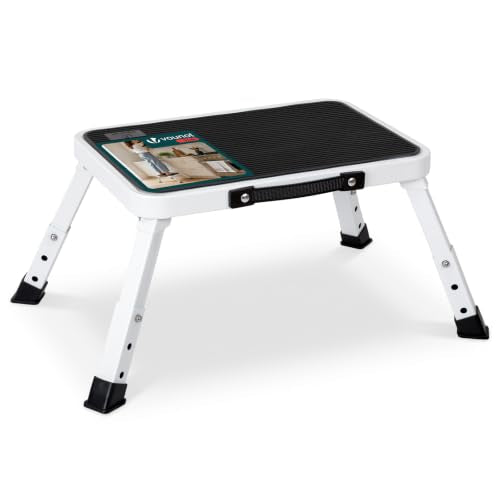 VOUNOT® Folding Step Stool Metal with Anti-Slip Platform, 3-Level Height Adjustable Half-Step Stool 150kg Capacity Portable for Camping, Kitchen, Bathroom, Office Home & Garage