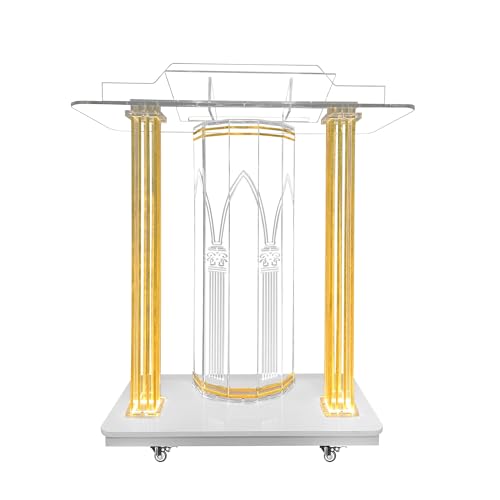 Mecpramy Church Pulpit, Acrylic Pulpit with Wheels,Led Church Podium with Rollers& Vertical Reading Platform,Golden Pattern Design,46”Transparent Lecterns for Churches Entrance,Classroom