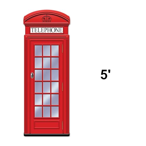 Beistle Jointed Phone Box Cutouts – 3 Pack, British Telephone Booth Decorations, Vintage Street Wall Décor, Travel Theme Props, Photography Backdrop Accents, International Display Supplies, 5'