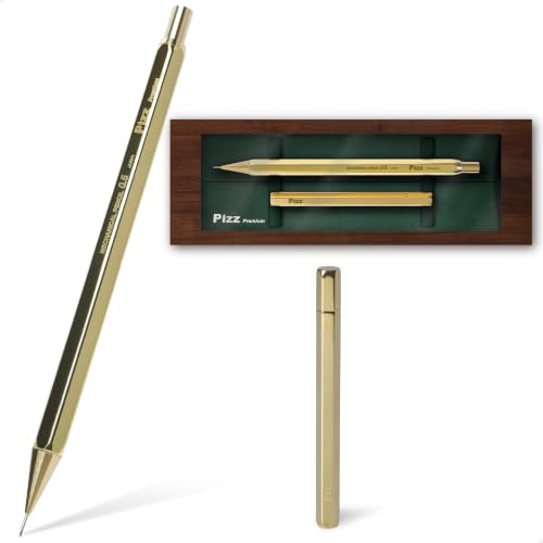Pizz Premium Hexagonal Solid Brass Mechanical Pencil Set with Matching Lead Case, 0.5mm Slim Pencil-Style Drafting Pencil, Gift Box Included, Made in Japan - Brass Gold