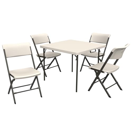 LIFETIME Folding Table and Chair Set, 37-Inch Square Fold-in-Half Table with 4 Chairs, Almond, Steel Frame