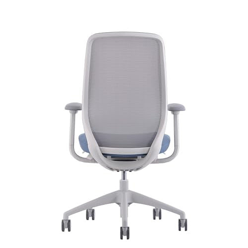 WorkPro Ergonomic Mesh/Fabric High-Back Office Chair, Light Blue Seat, White